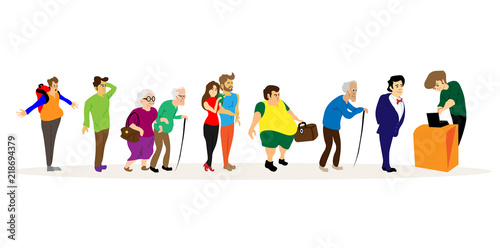 Fat man hipster old young couples kid waiting in long queue at counter vector illustration, people in line