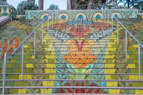 The Lincoln Park Steps at 32nd Avenue. Public Stair tiles in Lincoln Park, San Francisco
