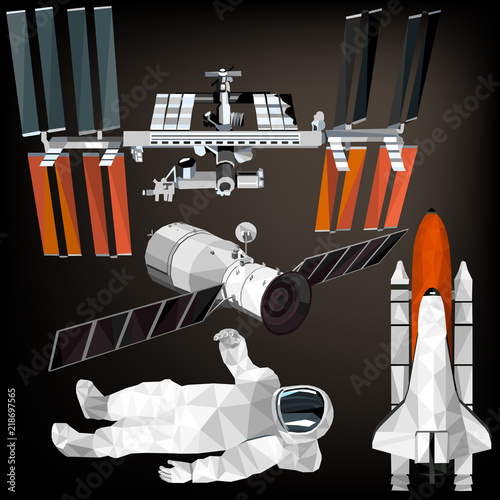 Space set colorful astronaut, space shuttle, space station low poly designs isolated on dark background. Vector illustration. Collection in a modern style.