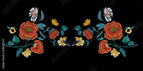 Embroidery neckline pattern with poppies. Vector embroidered floral patch for clothing design.