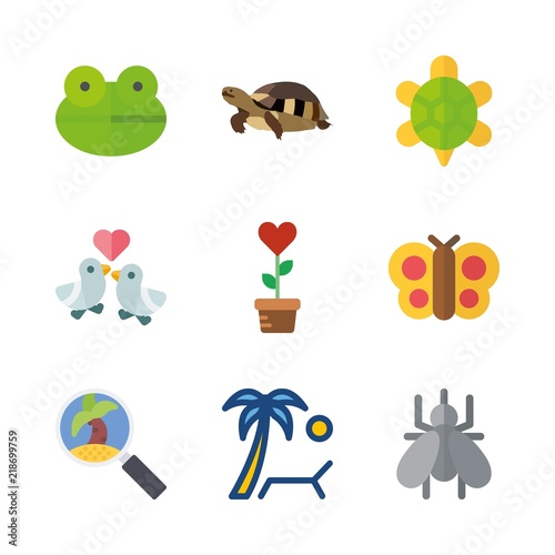 tropical vector icons set. mosquito, turtle, frog and tour in this set