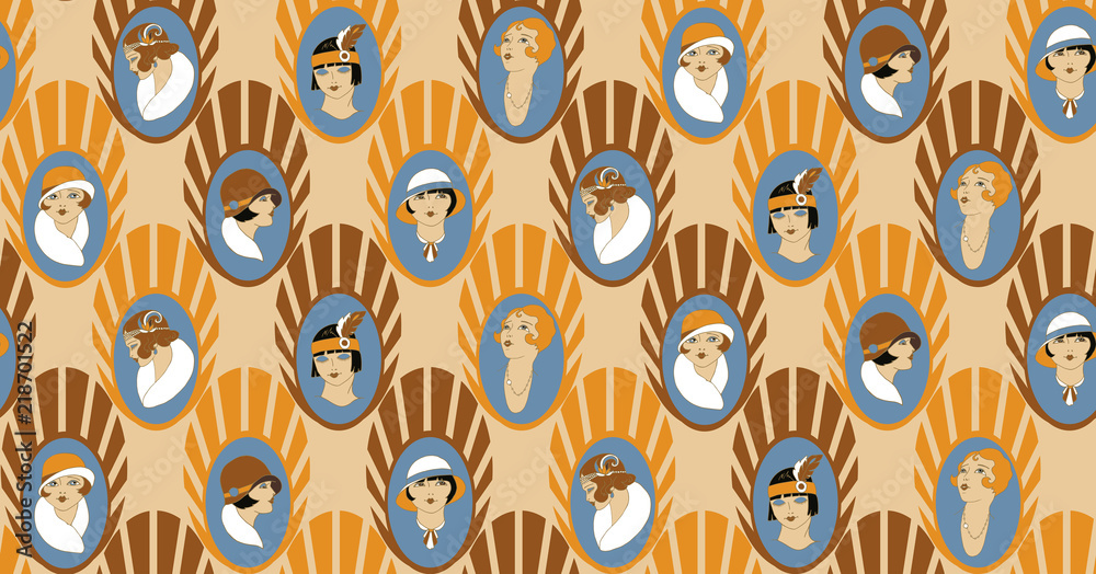 Fototapeta premium retro girl portraits, lady, twenties, vector seamless pattern