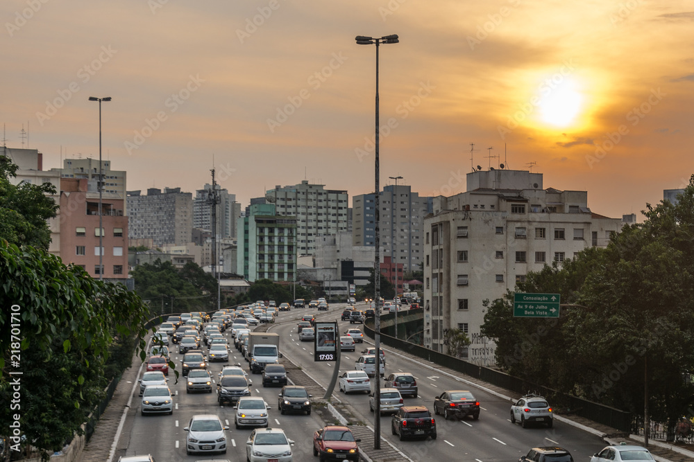 Late afternoon view of a big avenue in Sao Paulo, Brazil.