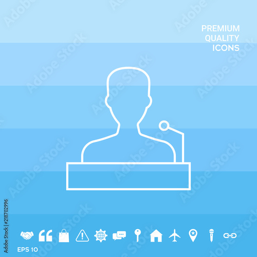 Speaker, orator speaking from tribune - line icon