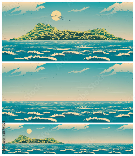 Landscape of the open sea with the island retro poster