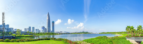 Photography Panorama of Shenzhen Talent Park and Houhai CBD under blue sky and white clouds