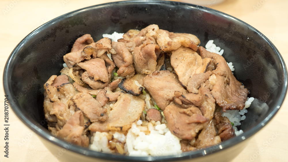 Butadon bowl of rice topped with sliced pork and sweet sauce. Popular japanese menu Butadon bowl of rice topped with sliced pork and sweet sauce. Popular japanese menu