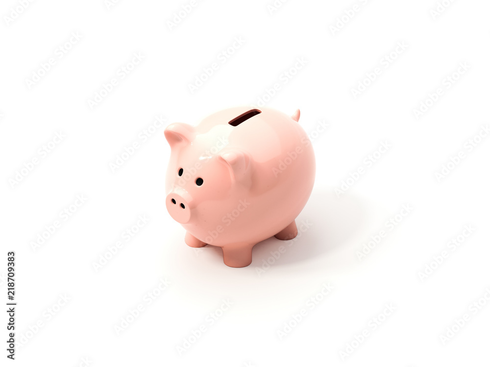 Pink glossy piggy bank on white background, top view.
