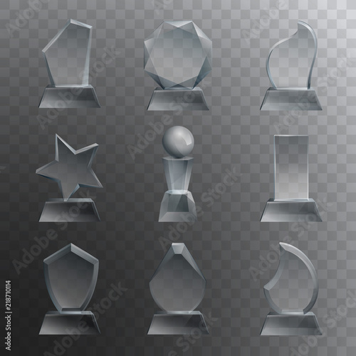 Glass trophy plaque engraved crystal award realistic isolated vector illustration on transparent background