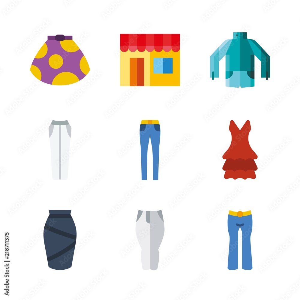 clothes vector icons set. trousers, dress, jacket and skirt in this set