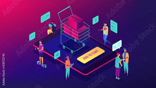 Isometric customers purchasing with tablets and shopping cart with boxes. Online store, e-commerce, online website purchase concept. Ultra violet background. Vector 3d isometric illustration.