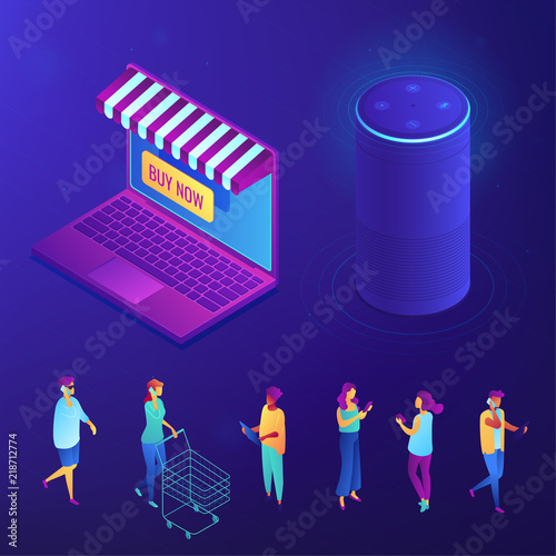 Online shopping and buying with smart speaker isometric set. Shopper with voice assistant, buyer with tablet, mobile shopper with cart. Blue violet background. Vector 3D isometric illustration.