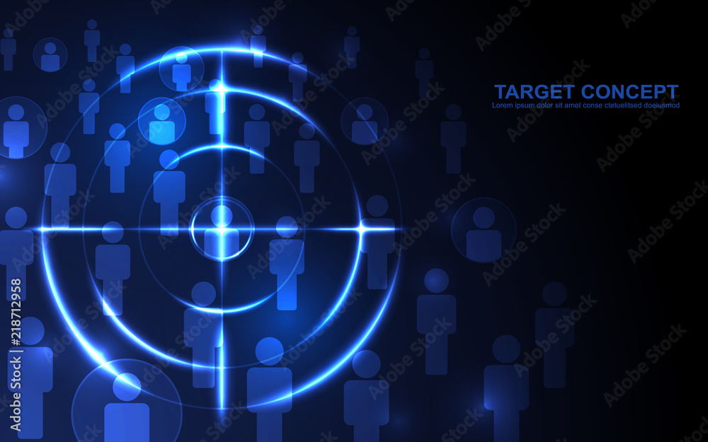 Abstract shooting target audience template on black blue background. Focus people, digital technology futuristic design concept. Abstract shooting target audience template on black blue background. Focus people, digital technology futuristic design concept.