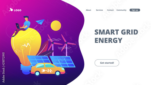 People around huge lamp analyzing power data. Smart grid energy landing page. Renewable energy, power saving, system modelling, smart city, violet palette. Vector illustration on white background.