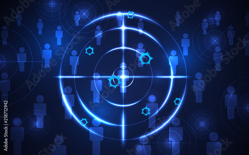 Abstract shooting target audience template on black blue background. Focus people, digital technology futuristic design concept.