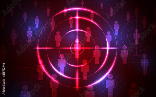 Abstract shooting target audience template on black red background. Focus people, digital technology futuristic design concept.