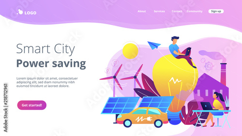 People around huge lamp analyzing power data. Smart city and power saving landing page. Renewable energy, smart grid energy, system modelling, violet palette. Vector illustration on white background.