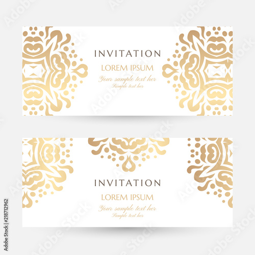 Invitation templates. Cover design with gold ornaments and white background. Vector decorative horizontal flayers with copy space. © KsanaGraphica