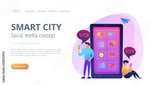 A mens near huge smartphone with application icons on the screen checking social media and news feeds. Smart city and social media landing page. News tips, violet palette. Vector illustration.