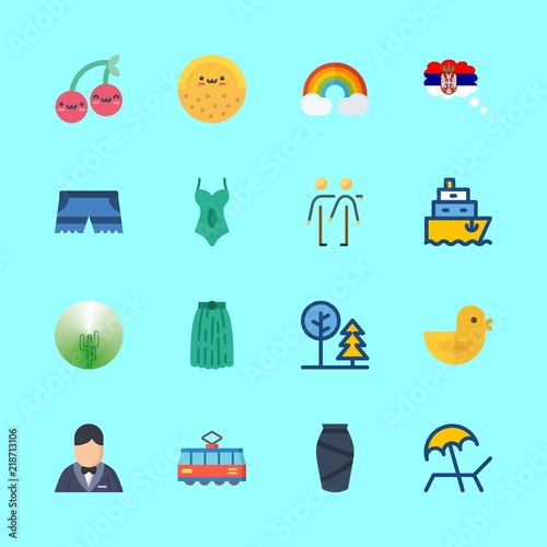 summer vector icons set. groom, melon, skirt and serbia in this set