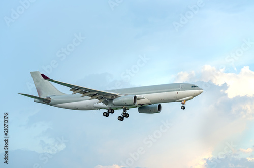 Landscape with airplane is flying through the clouds. Passenger aircraft is landing at dusk. Business trip. Commercial plane.Travel