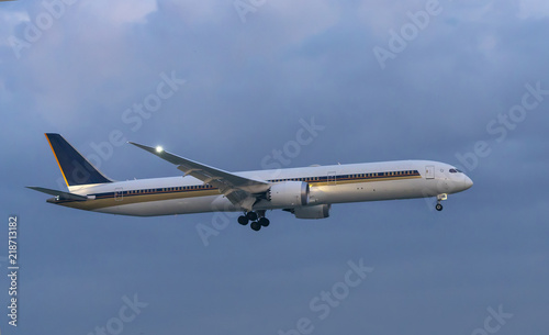 Landscape with airplane is flying through the clouds. Passenger aircraft is landing at dusk. Business trip. Commercial plane.Travel