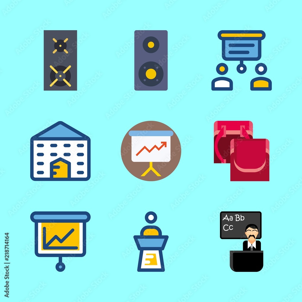 education vector icons set. school bag for girl, speaker, male teacher in class and presentation in this set education vector icons set. school bag for girl, speaker, male teacher in class and presentation in this set