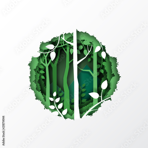 Nature concept with paper cut of green leaf and forest silhouette landscape abstract background.Paper art style vector illustration.
