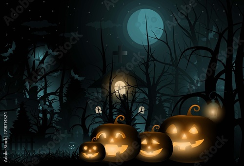 Happy Halloween background and scary tree pumpkin on graveyard full moon dark night and tombstone black bat. church on graveyard. Vector illumination