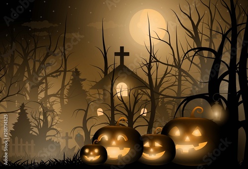 Happy Halloween background and scary tree pumpkin on graveyard full moon dark night and tombstone black bat. church on graveyard. Vector illumination