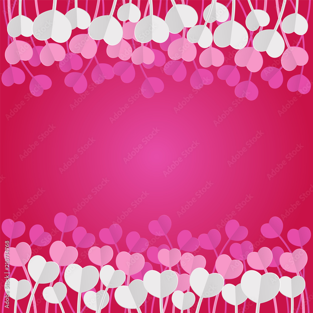 White dandelion heart flying in wind in paper cut style on pink Background for Valentine's day concept