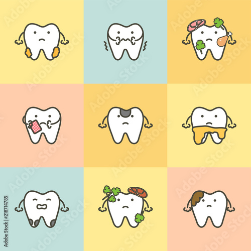 set of dental care, element for tooth concept ( caries, plaque, toothache, dirty ) - teeth cartoon vector flat style