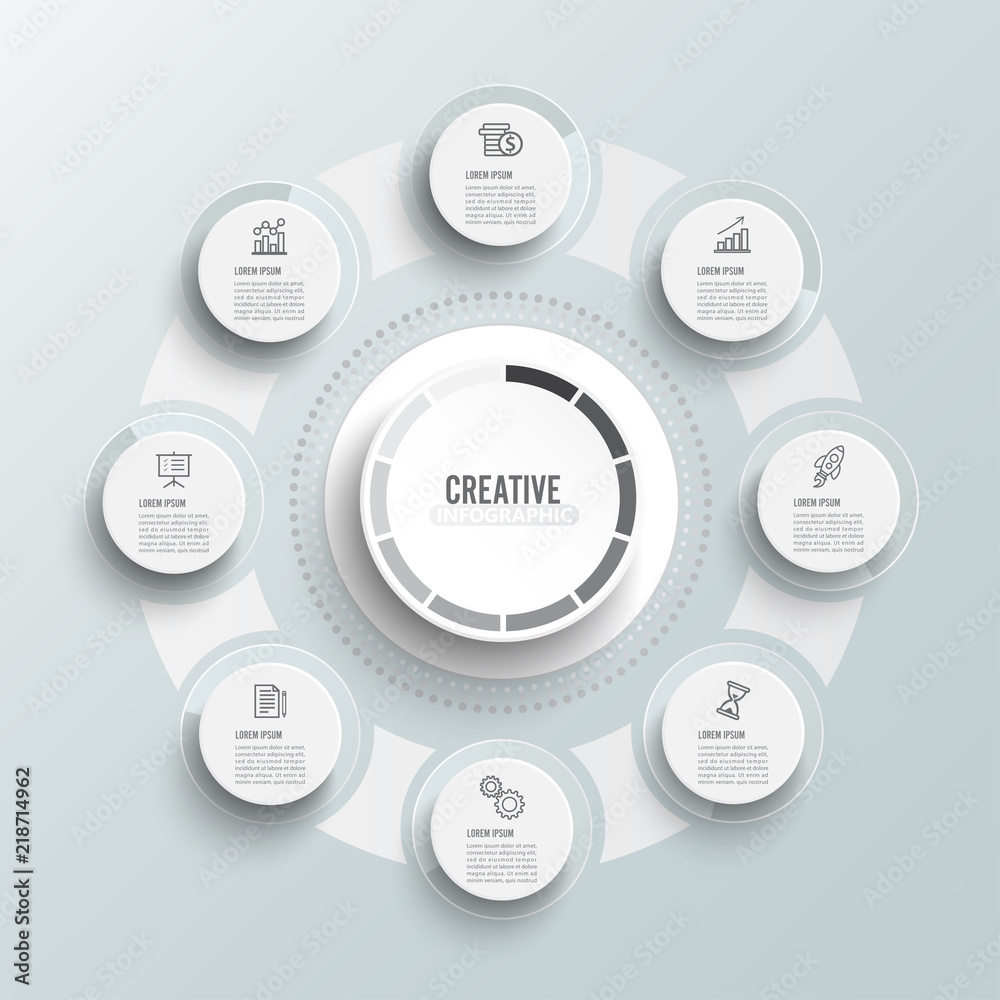 Vector infographic template with 3D paper label, integrated circles. Business concept with 8 options. For content, diagram, flowchart, steps, parts, timeline infographics. Vector infographic template with 3D paper label, integrated circles. Business concept with 8 options. For content, diagram, flowchart, steps, parts, timeline infographics.