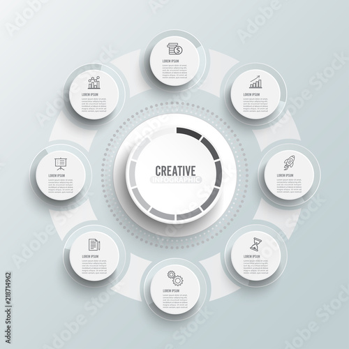 Vector infographic template with 3D paper label, integrated circles. Business concept with 8 options. For content, diagram, flowchart, steps, parts, timeline infographics.