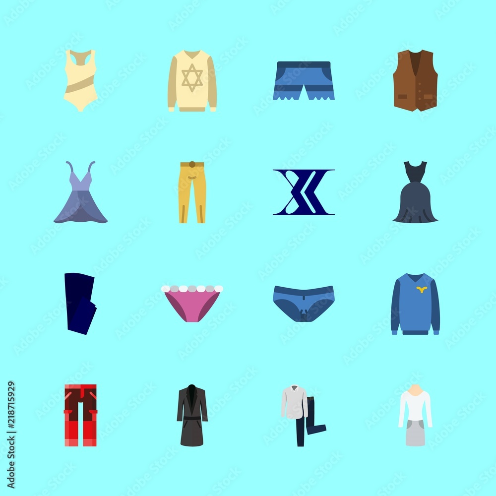 clothes vector icons set. vest, long coat, swimsuit and blue trousers in this set clothes vector icons set. vest, long coat, swimsuit and blue trousers in this set