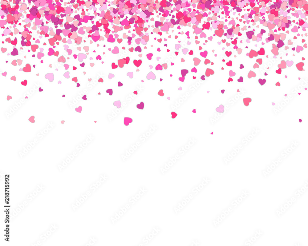 Valentines Day background. Confetti hearts petals falling. Heart shapes isolated on white background. Love concept.