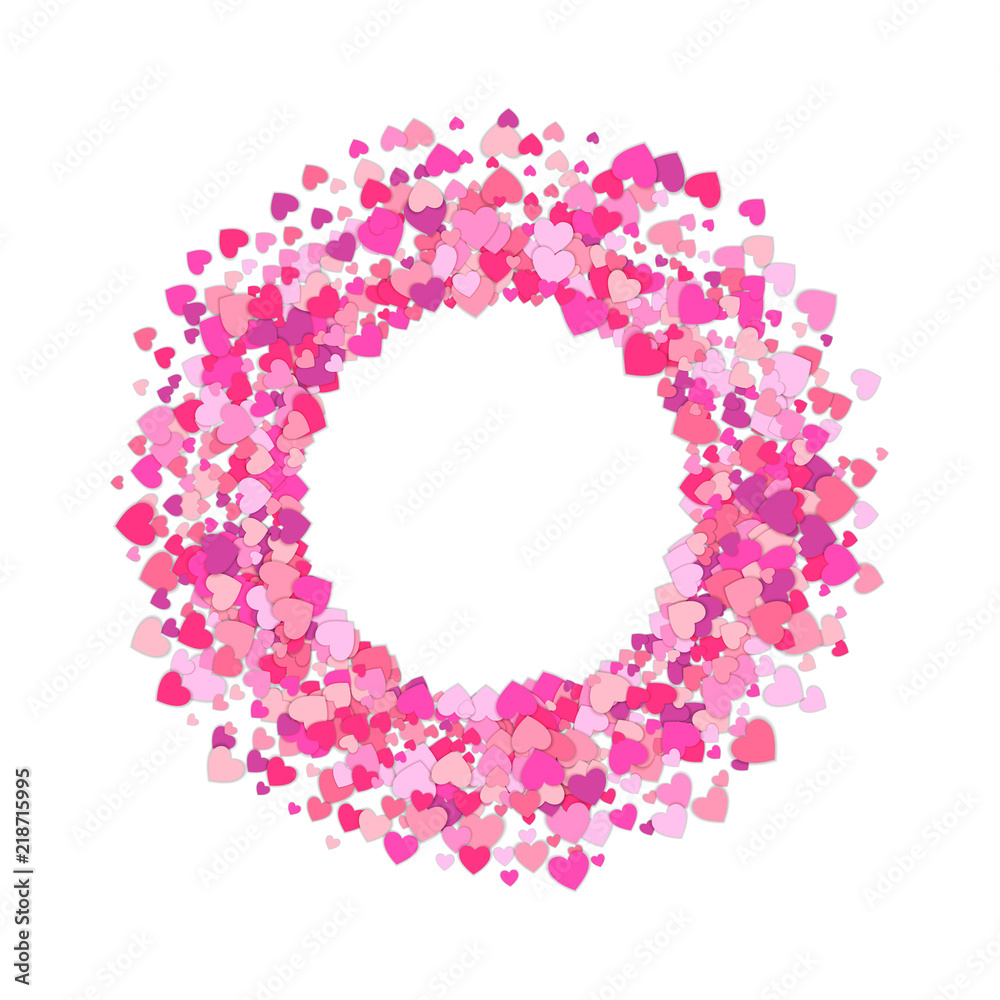 Round Frame of colorful hearts isolated on white background. Confetti of hearts. Love concept.