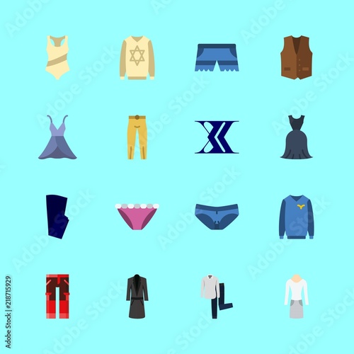 clothes vector icons set. vest  long coat  swimsuit and blue trousers in this set