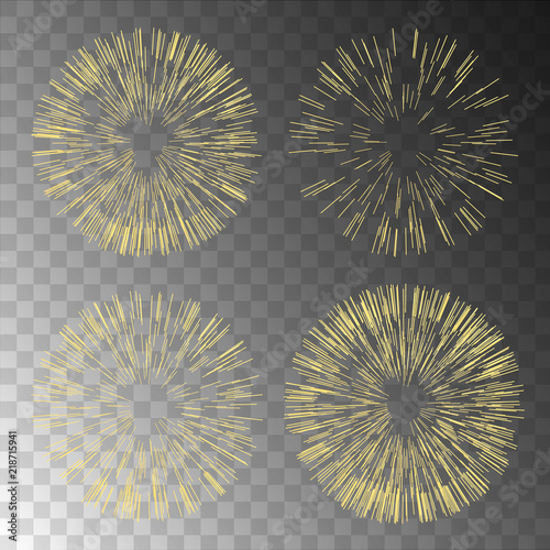 Gold fireworks isolated on transparent background.Fireworks collection for design postcards, Christmas and New Year banner and cards.