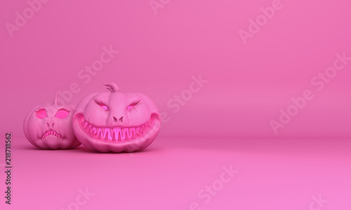Smiling pink pastel pumpkin head jack  lantern, copy space text. Design creative for  happy Halloween festival, 3D rendering illustration.