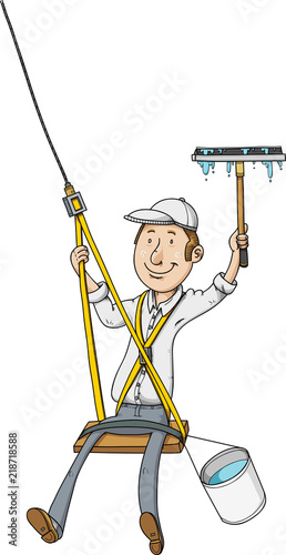 A highrise window washer cleaner in a harness and holding a dripping squeegee.
