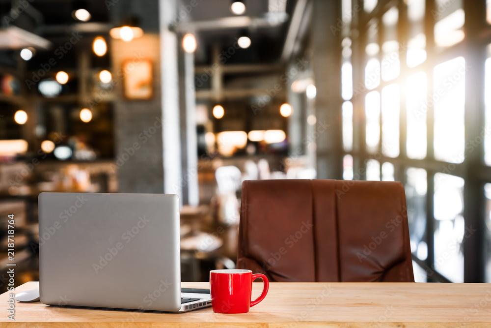 Workplace with Desktop Computer Comfortable work table on the work table in the coffeeshop Workplace with Desktop Computer Comfortable work table on the work table in the coffeeshop