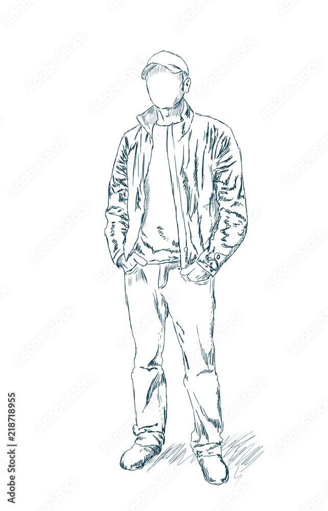 Portrait of a handsome man dressed in t-shirt, jacket and jeans. Abstract illustration. Ink sketch effect Portrait of a handsome man dressed in t-shirt, jacket and jeans. Abstract illustration. Ink sketch effect