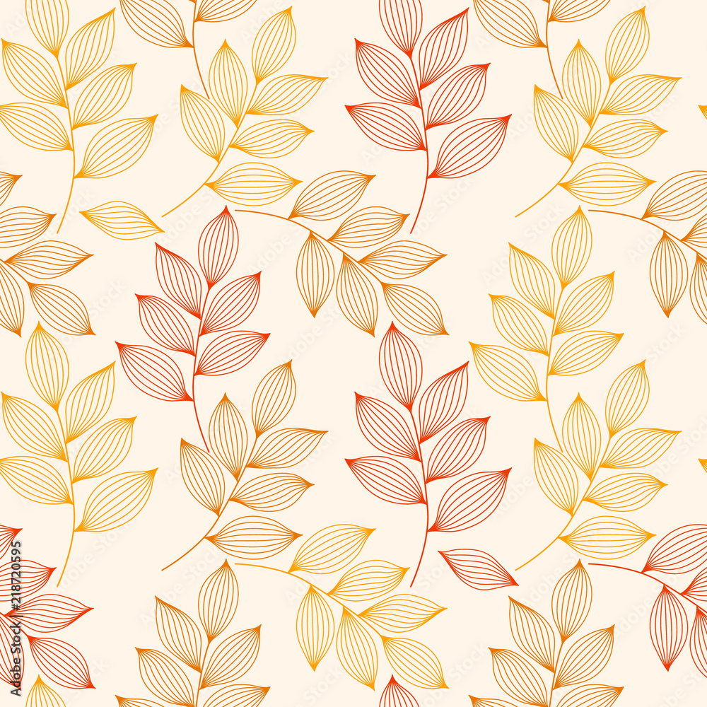 Red and yellow autumn leaves with veins seamless pattern, vector