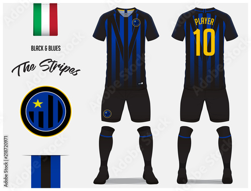 Soccer jersey or football kit template for football club. Blue and black stripe football shirt with sock and shorts mock up. Front and back view soccer uniform. Football logo and Flag label. Vector.