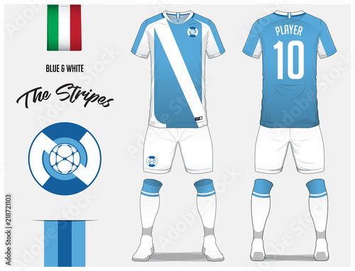 Soccer jersey or football kit template for football club. Blue and white stripe football shirt with sock and shorts mock up. Front and back view soccer uniform. Football logo and Flag label. Vector.