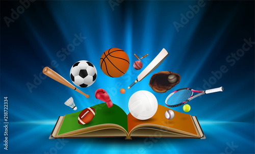 Sports equipment out of book on abstract smooth light blue perspective background. Vector illustration.