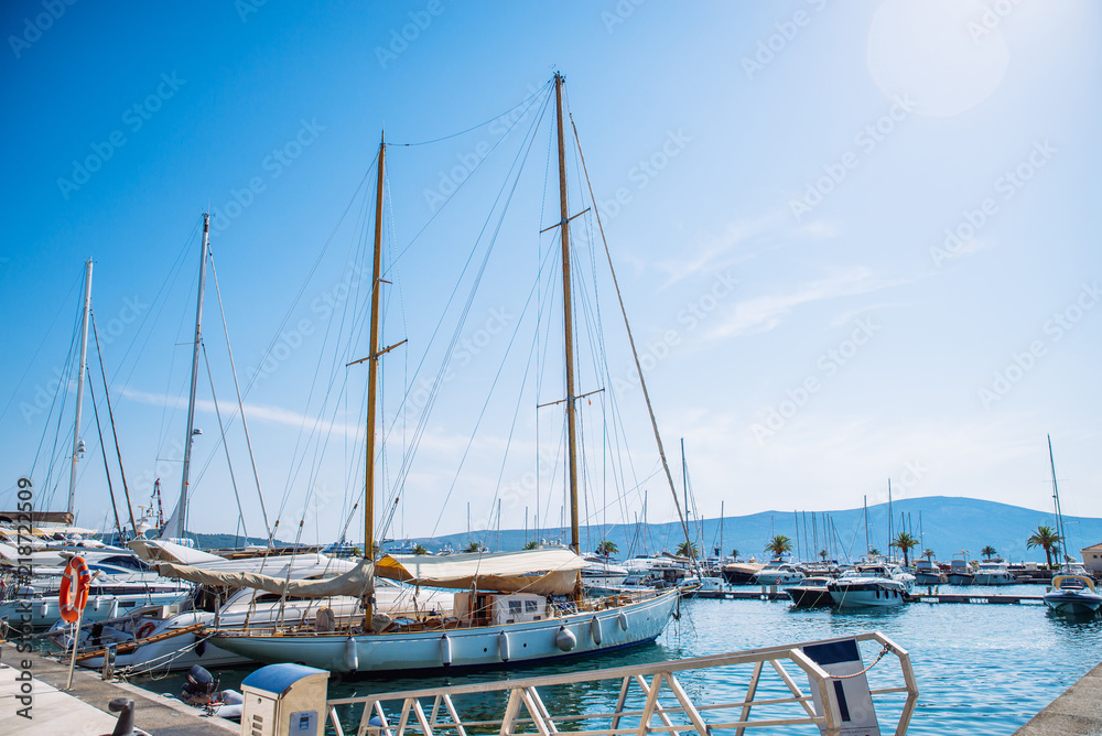 yachts in montenegro bay. mountains on background