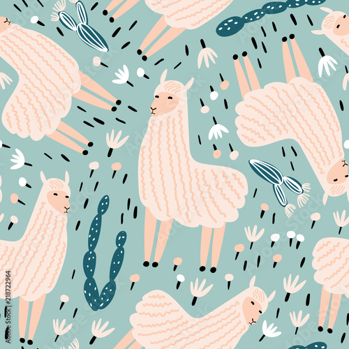 Textile fabric seamless patterns with illustrations of llama and cacti. Great for fabric, textile. Vector illustration. Creative childdish texture.
