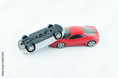 Close up of two cars accident, car crash insurance.Transport and accident concept on white background..